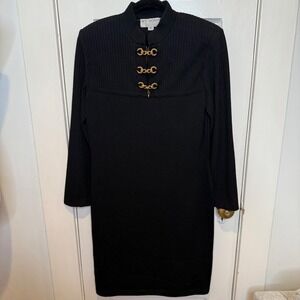 ST JOHN COLLECTION Black Ribbed‎ Knit Dress Gold Button Mandarin Collar Sz  8